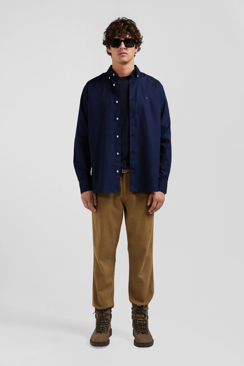 Regular navy blue oxford cotton shirt with back embroidery - Image 1