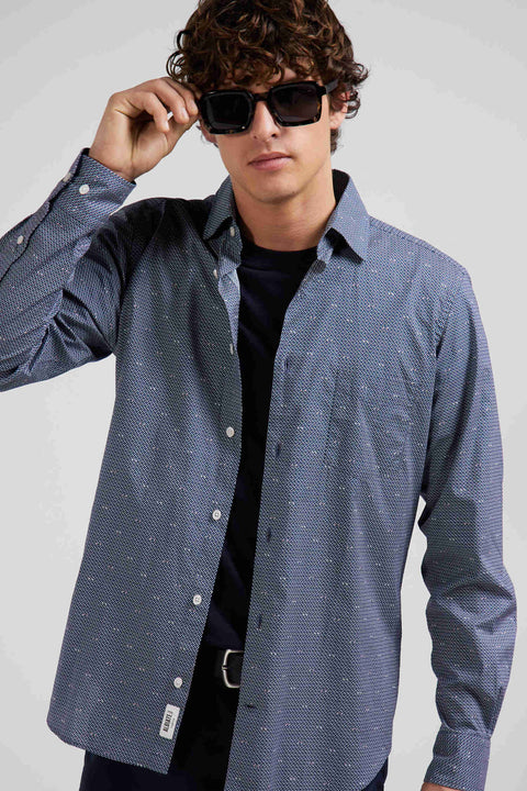Slim navy blue microprint cotton shirt - Image 3