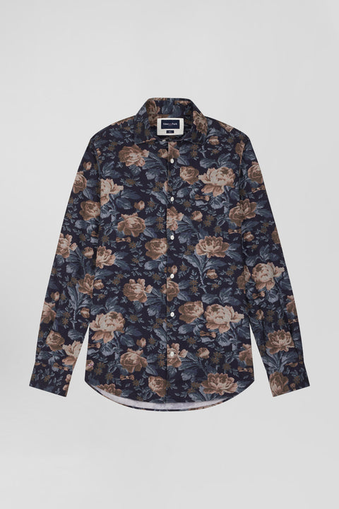 Slim navy blue floral print cotton flannel shirt - Image 2