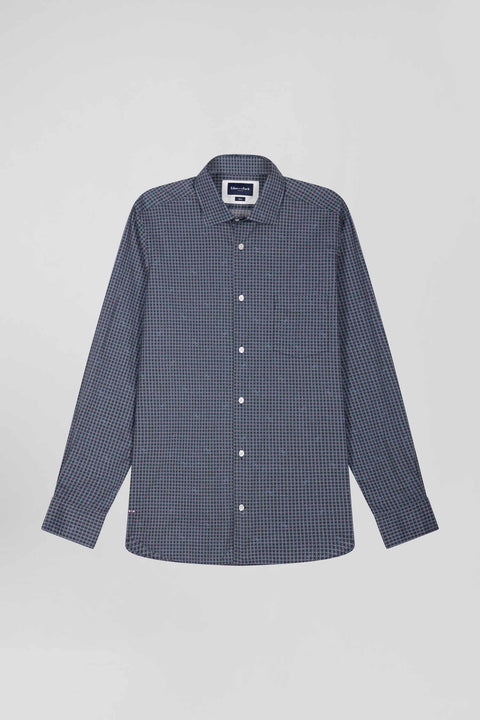 Slim navy blue micro checked cotton shirt - Image 2