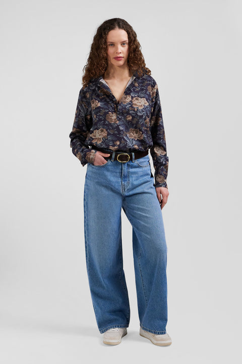 Relax navy blue floral print cotton flannel shirt - Image 1