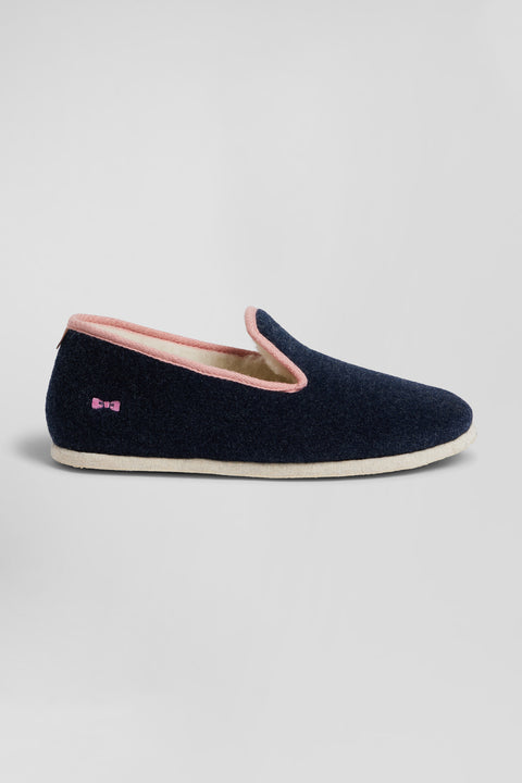 Navy blue shearling slippers with pink trim - Image 1