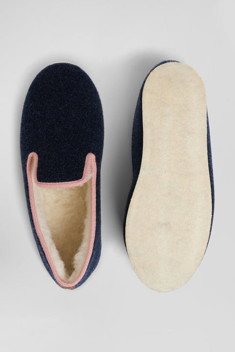 Navy blue shearling slippers with pink trim - Image 2