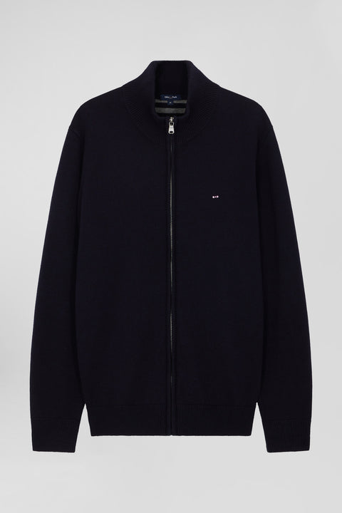 Regular navy blue plain wool and cotton zipped cardigan - Image 2