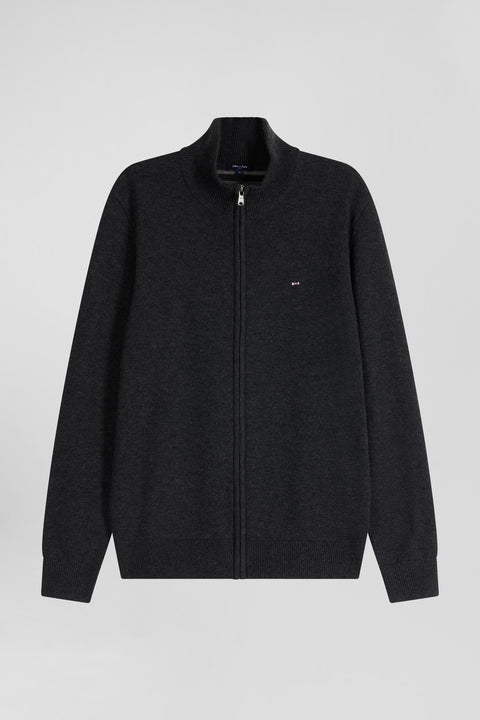 Regular anthracite grey plain wool and cotton zipped cardigan - Image 2