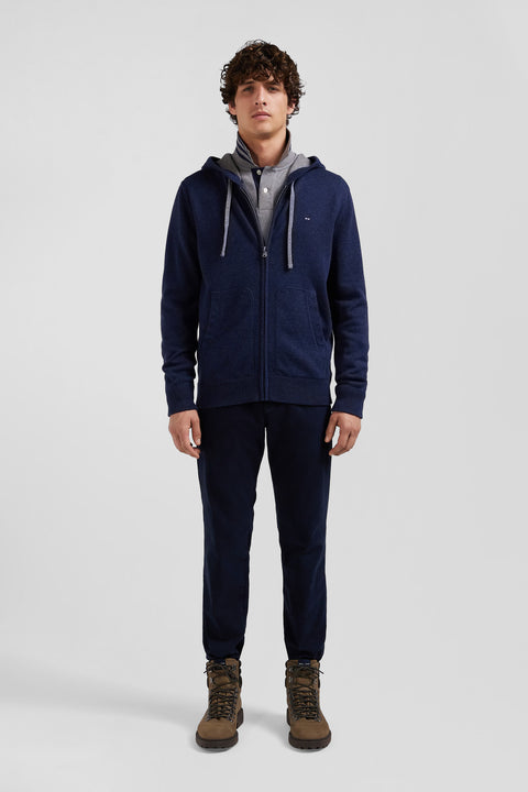 Regular navy blue wool and cotton knitted zip-up jumper - Image 1