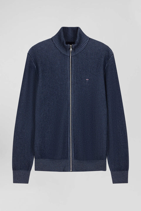 Regular navy blue wool and cotton zipped cardigan - Image 2