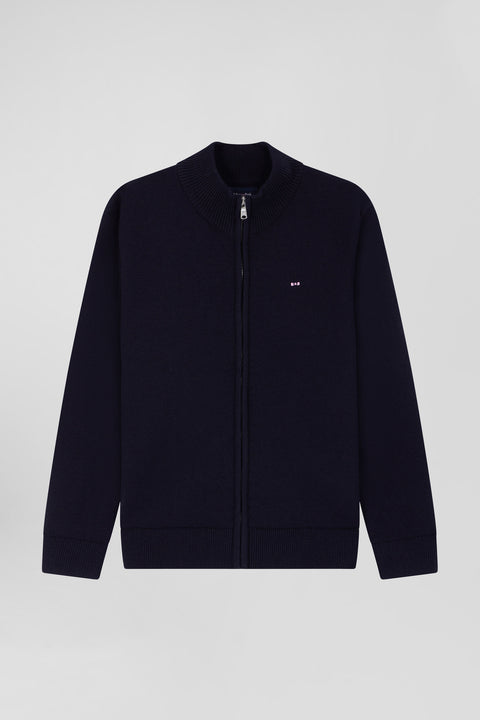 Regular navy blue wool and cotton high collar zipped cardigan - Image 2