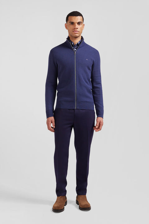 Regular plain navy blue cotton high collar zipped cardigan - Image 1