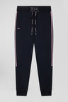 Regular navy blue mixed cotton jogging bottoms with striped trims