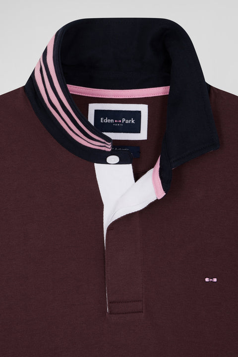 Regular burgundy cotton rugby shirt with striped undercollar - Image 3
