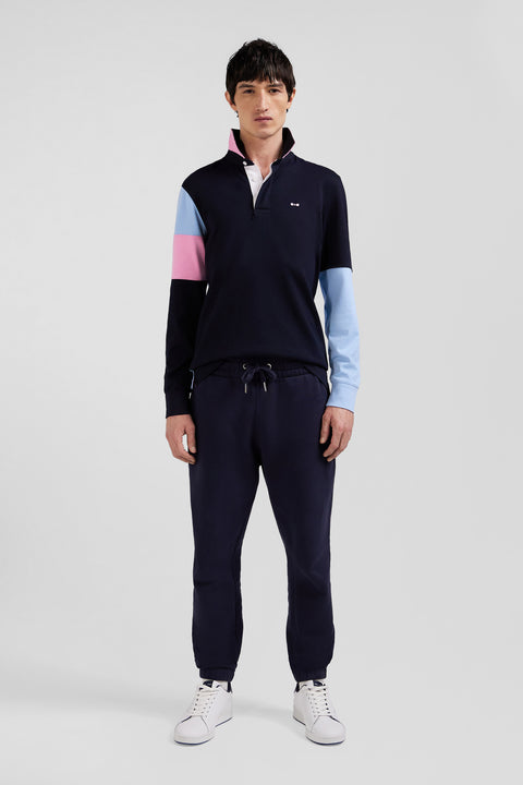 Regular navy blue long-sleeved cotton rugby shirt with tie fabric patchwork - Image 1