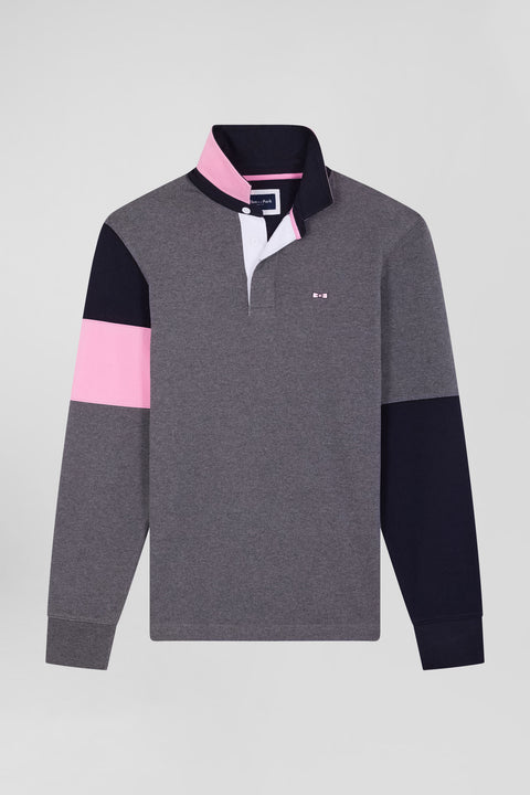 Regular grey long-sleeved cotton rugby shirt with tie fabric patchwork - Image 2