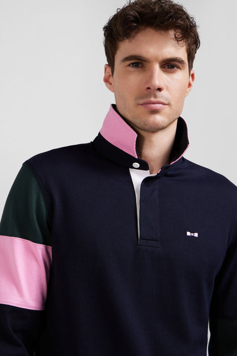 Regular green long-sleeved cotton rugby shirt with tie fabric patchwork - Image 3