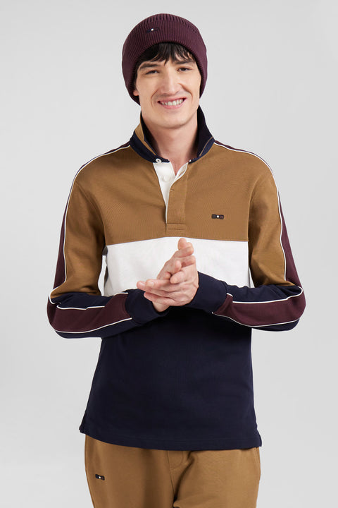 Long-sleeved jersey in hazelnut cotton with back embroidery and regular fit piping - Image 3