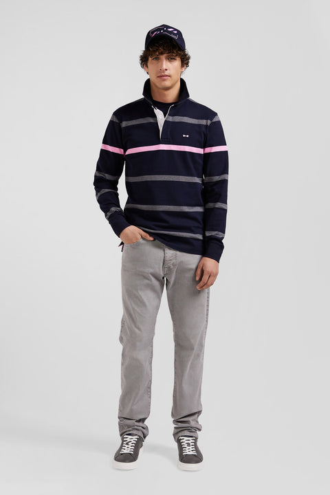 Regular grey striped long-sleeved cotton rugby shirt with back embroidery - Image 1