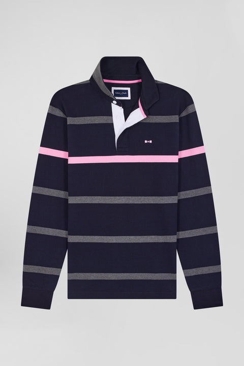 Regular grey striped long-sleeved cotton rugby shirt with back embroidery - Image 2