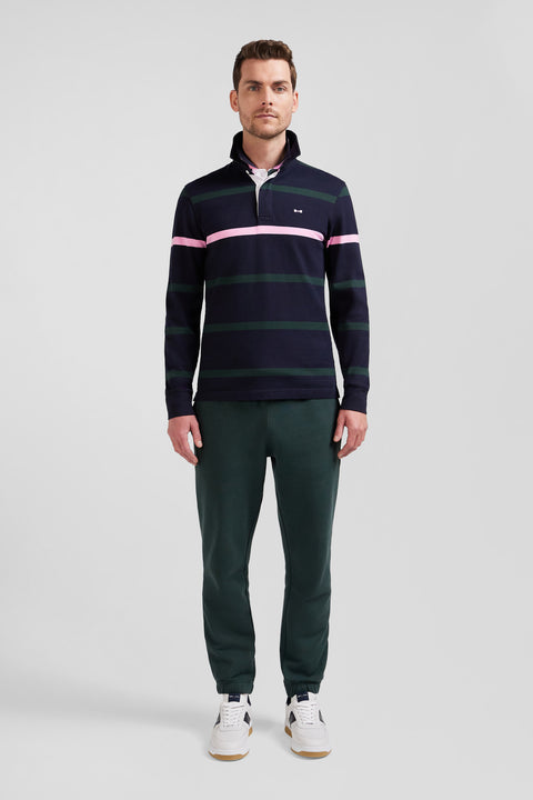 Regular green striped long-sleeved cotton rugby shirt with back embroidery - Image 1