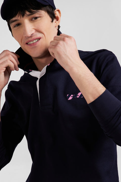 Regular navy blue striped long-sleeved cotton rugby shirt with tie fabric patchwork - Image 3
