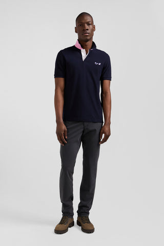Regular navy blue short-sleeved cotton piqué polo shirt with striped embroidery