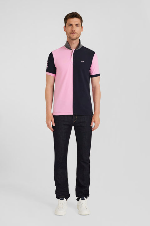 Regular navy blue and pink bicolor short-sleeved cotton piqué polo shirt - Image 1