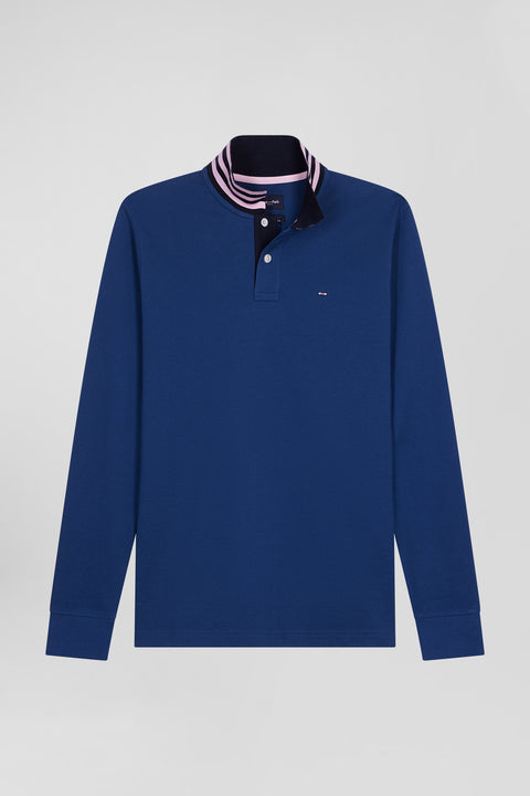 Regular dark blue long-sleeved cotton piqué polo shirt with striped collar - Image 2