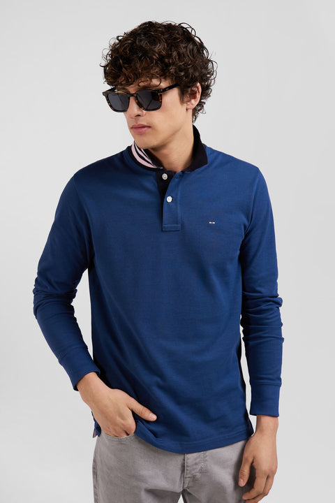 Regular dark blue long-sleeved cotton piqué polo shirt with striped collar - Image 3