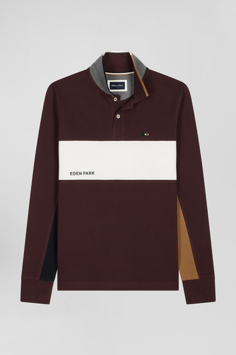 Regular burgundy colorblock long-sleeved cotton piqué polo shirt - Image 2
