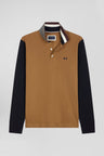Long-sleeved polo shirt in two-tone cotton piqué with hazelnut jacquard collar Regular fit