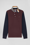 Regular burgundy bicolor long-sleeved cotton piqué polo shirt with jacquard collar