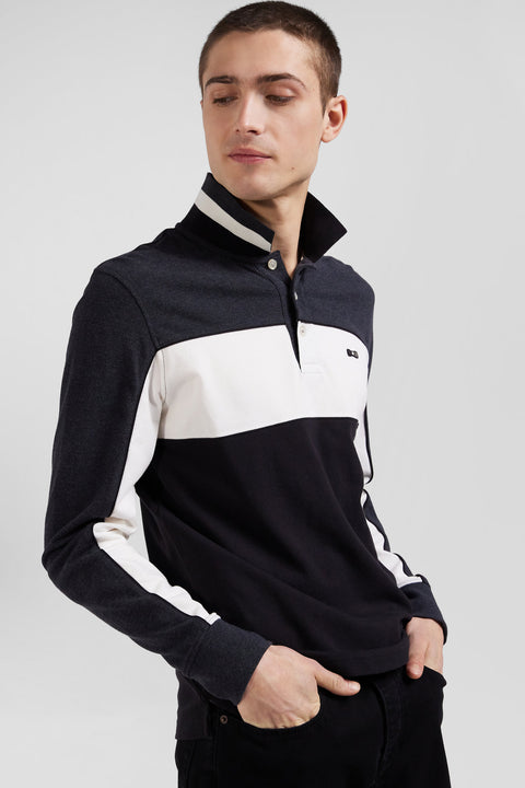 Regular black tricolor long-sleeved cotton piqué polo shirt - Image 3