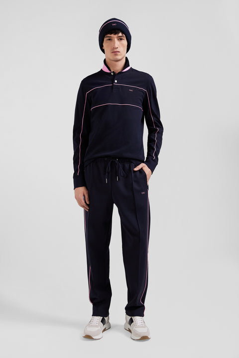 Regular navy blue long-sleeved cotton piqué polo shirt with pink piping - Image 1