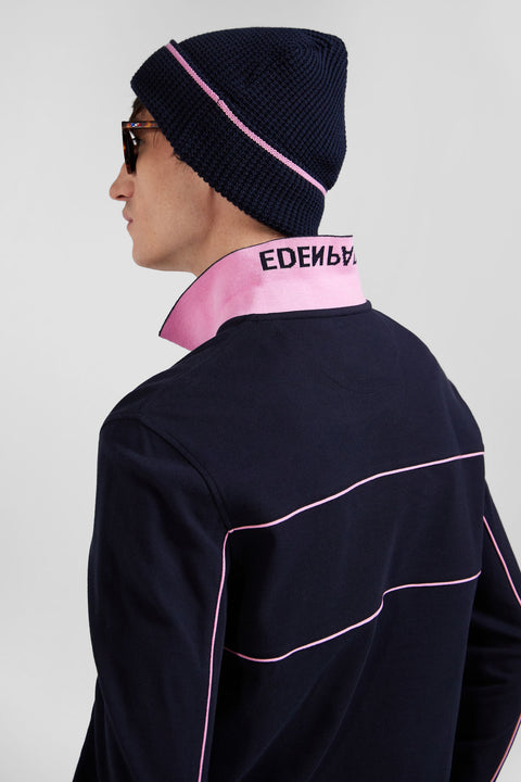 Regular navy blue long-sleeved cotton piqué polo shirt with pink piping - Image 3