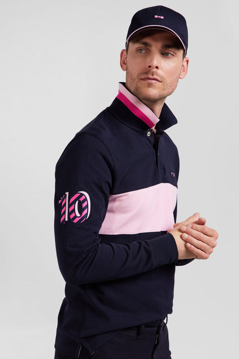 Regular pink long-sleeved cotton piqué polo shirt with sleeve embroidery - Image 3