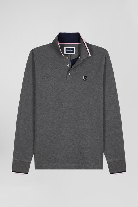 Regular grey long-sleeved cotton piqué polo shirt with tricolor details - Image 2