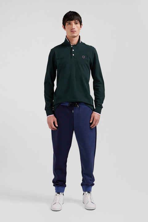Regular green long-sleeved cotton piqué polo shirt with tricolor details - Image 1