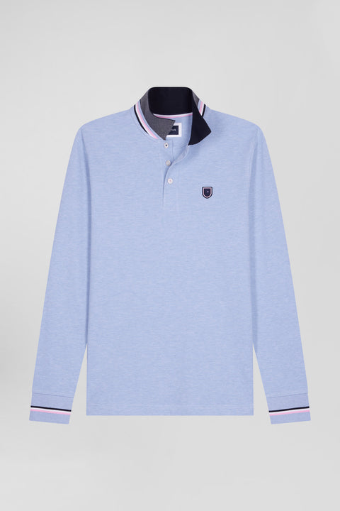 Regular sky blue long-sleeved cotton piqué polo shirt with rubber badge - Image 2