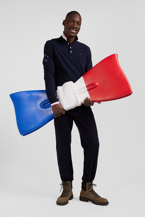 Regular navy long-sleeved cotton piqué polo shirt with XV de France embroidery - Image 3