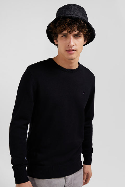 Regular black wool and cotton crew neck jumper - Image 3