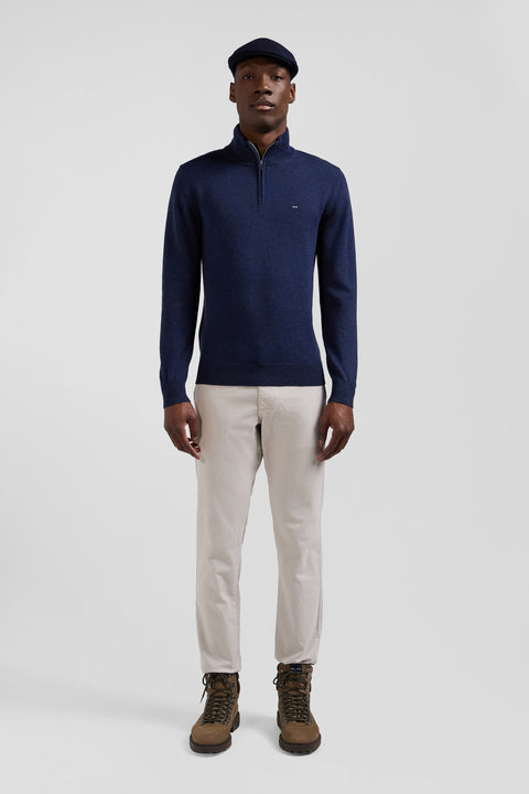 Regular dark blue semi-zipped wool and cotton jumper - Image 1