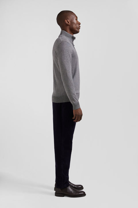 Regular light grey semi-zipped wool and cotton jumper - Image 2