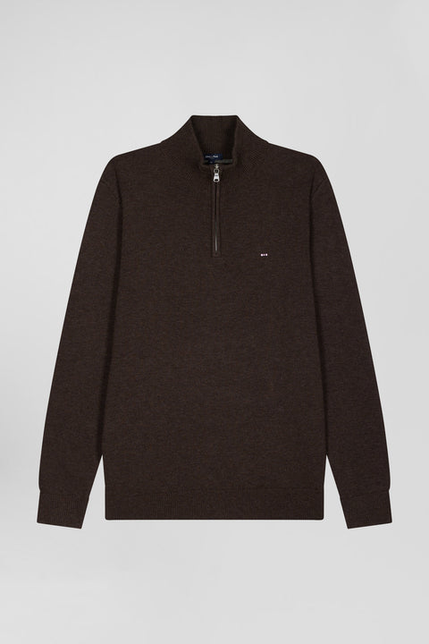 Regular dark brown semi-zipped wool and cotton jumper - Image 2