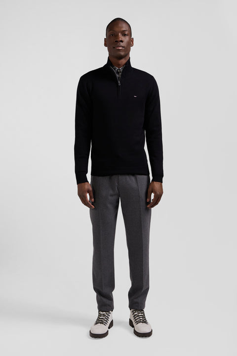 Regular black semi-zipped wool and cotton jumper - Image 1