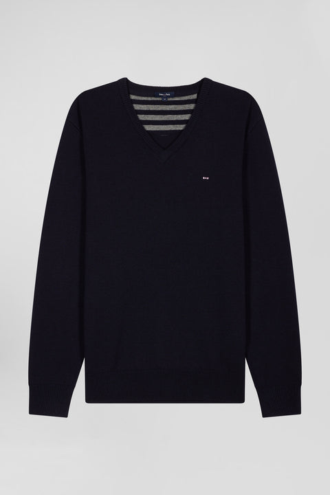 Regular navy wool and cotton V-neck jumper with striped details - Image 2