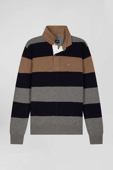 Regular grey striped wool and cotton jumper with rugby shirt collar - Image 2
