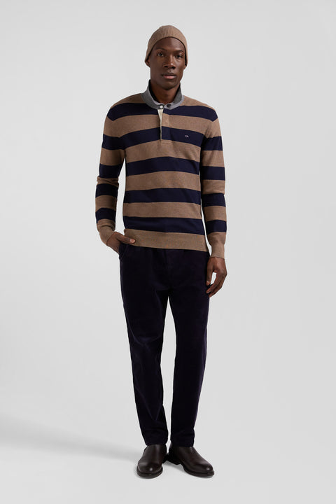 Regular brown striped cotton and cashmere jumper with rugby shirt collar - Image 1