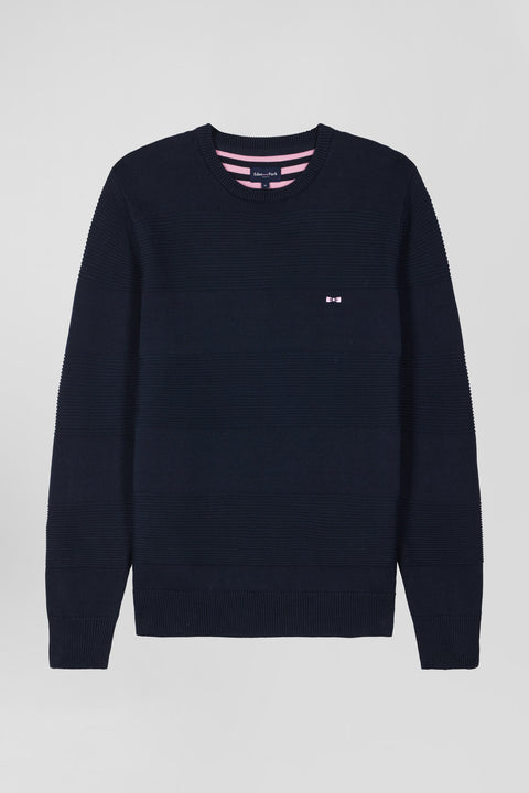 Regular navy blue cotton crew neck jumper with knit patterns - Image 1