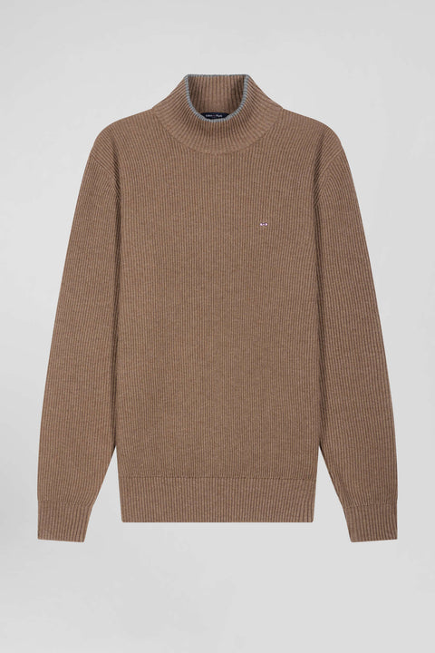 Regular brown wool and cotton high-neck jumper - Image 2