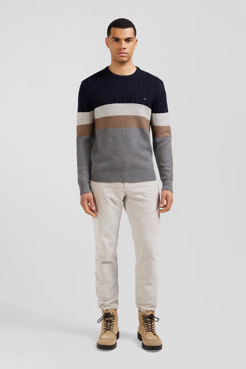 Regular grey wool and cotton crew neck jumper with knit patterns - Image 1