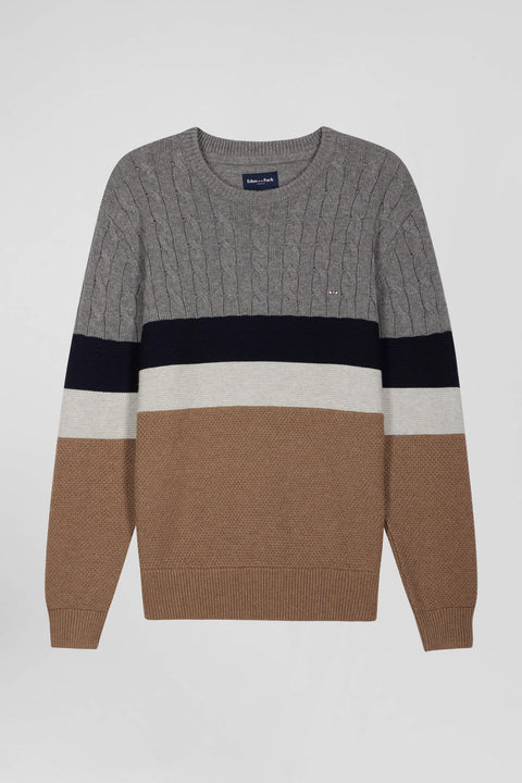 Regular brown wool and cotton crew neck jumper with knit patterns - Image 2